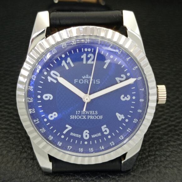 Vintage 1979 Fortis Manual Mens Silver Watch W/Leather Strap & Blue accents - Picture 4 of 9